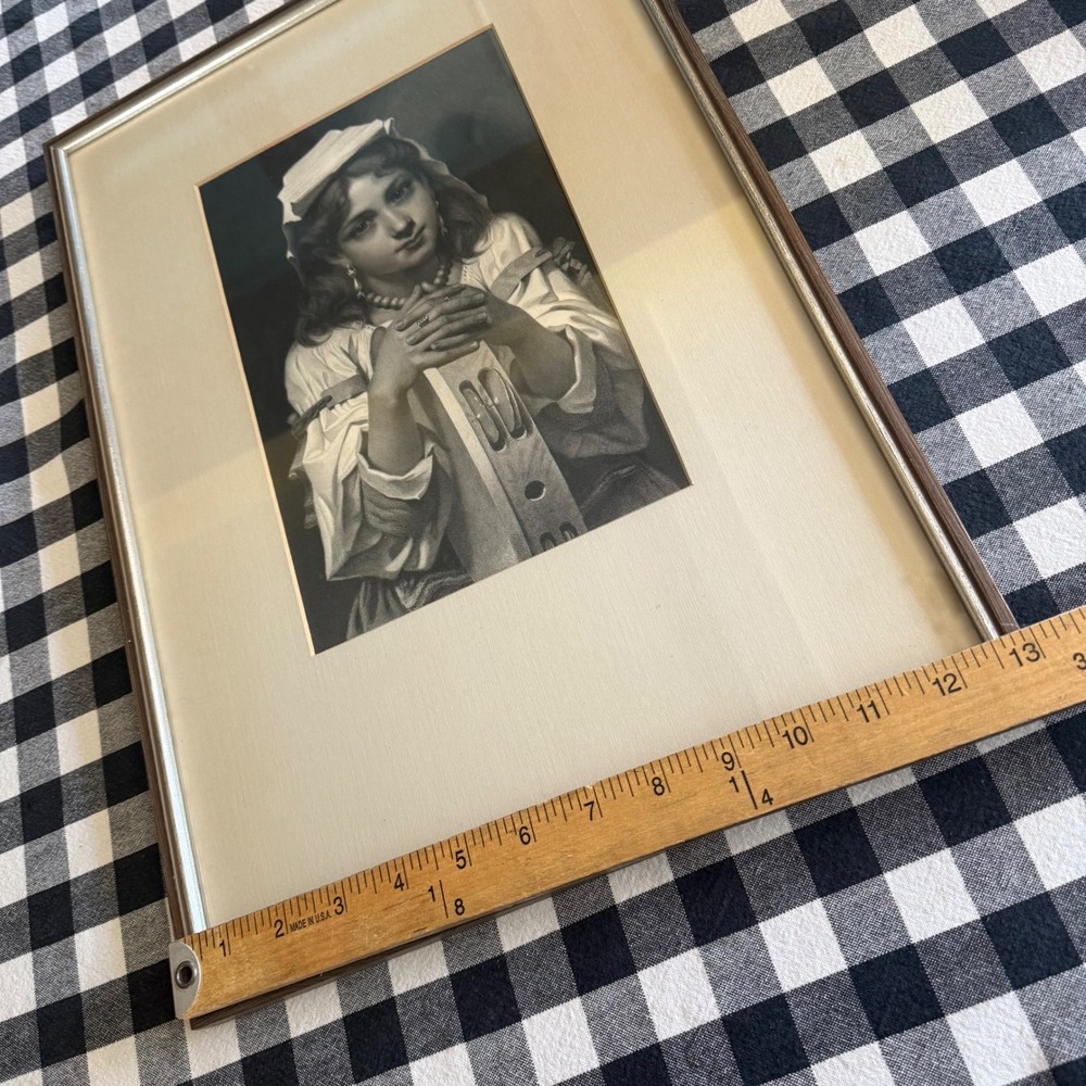Vintage Framed Portrait Print Young Girl with Tambourine B&W Silver Frame 12x18 - Picture 5 of 8